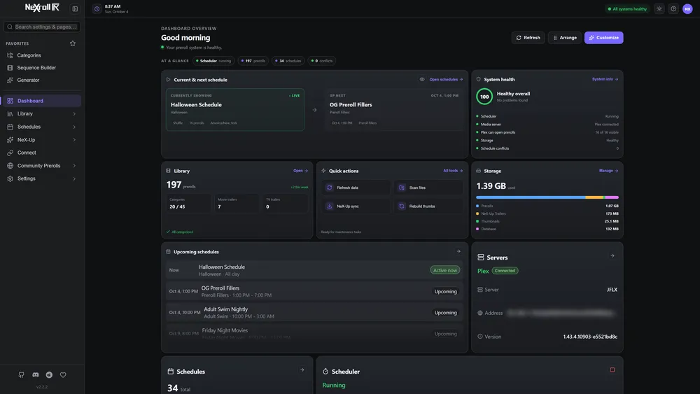 The NeXroll dashboard showing the current and next schedule, system health, library and storage
