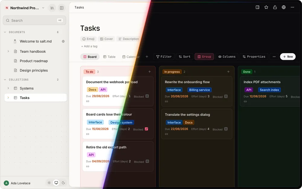 A Tasks board in salt.md, cut in two: light mode on the left, dark mode on the right.