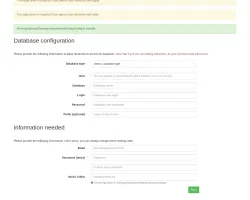 Sonerezh installation wizard showing database configuration step