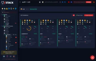 LXC container card view with SVG pie charts for CPU, RAM, disk