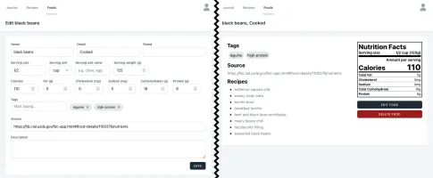 Foods editing and viewing screen