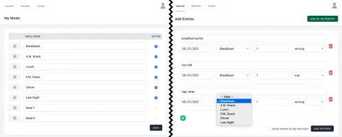 Meals configuration screen