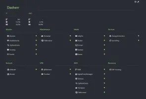 Dasherr dashboard showing sections with service tiles and a Glances monitoring widget