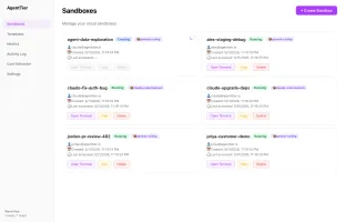 AgentTier dashboard showing six sandboxes with per-sandbox template, creator, and one-click lifecycle actions