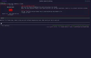 Browser-based terminal attached to a running sandbox with a Claude Code session waiting for input