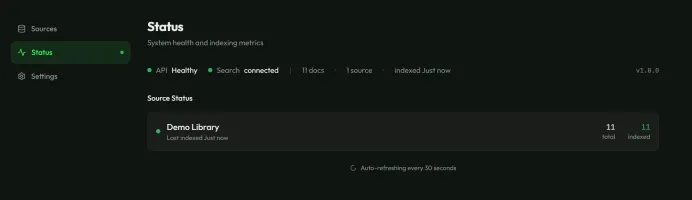 Admin status page showing source health and indexing progress