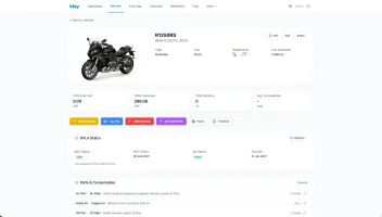 Vehicle detail page showing specifications, fuel logs, and expenses