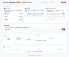 GolemBot web dashboard showing real-time metrics, channel status, and quick-test console