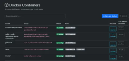 Container management screen listing discovered Docker containers