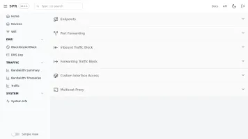 Firewall policy categories including endpoints, port forwarding, and traffic blocks