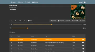 ampd desktop view with dark theme showing queue and player controls