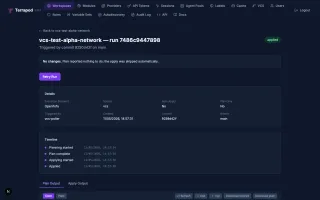 Run overview showing changes, monthly cost, AI risk, policy result, security scan, and runner resources