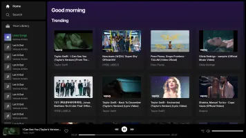 Muer music player UI showing playback controls and library