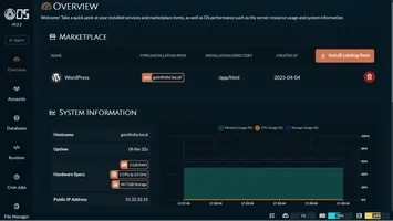 Infinite OS dashboard showing web terminal running OpenCode, WordPress installation, and file/database management