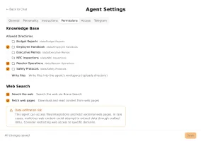 Pinchy agent permissions — allow-list of tools and directories
