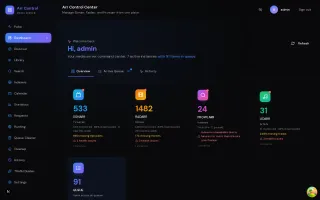 Main dashboard view showing queue, statistics, and Plex widgets