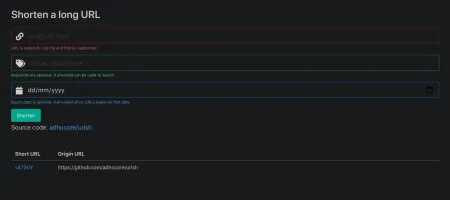 urlsh web UI showing URL shortening interface