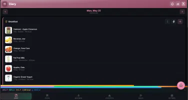 NutriTrace diary view showing a full day of food logging with macro bar, per-meal breakdowns, and water tracking