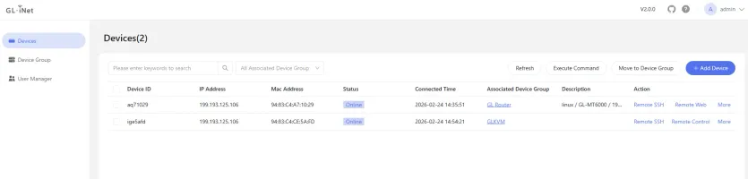 Device list showing connected KVM devices