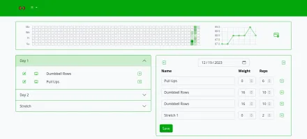 Exercise Diary main dashboard showing workout heatmap and navigation