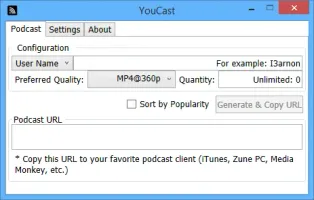 YouCast main window showing channel/playlist input and feed generation options