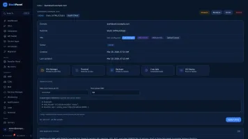 Site detail with SSL, WAF, file manager, terminal, backups, resource limits, custom nginx