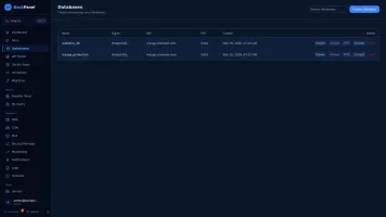 Databases with MySQL/PostgreSQL, SQL browser, schema viewer, scheduled backups