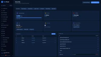 Security with firewall, Fail2Ban, SSH hardening, vulnerability scanning, audit logs