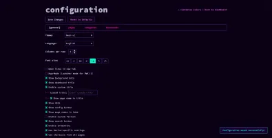 Configuration page for managing bookmarks and settings
