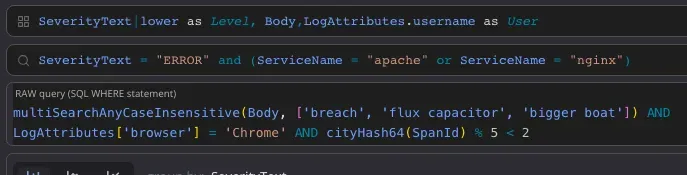 Search and filter interface in dark theme