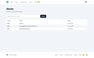 Stocks page with search and ticker listing