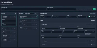 In-browser dashboard editor for groups, widgets, and series
