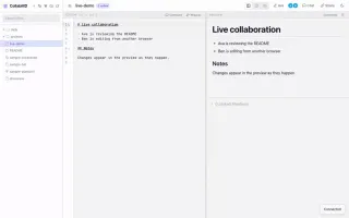 Two browser windows editing the same Markdown workspace in realtime