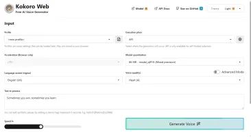Kokoro Web demo showing the web UI for text-to-speech generation