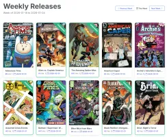CLU weekly pull list showing new comic releases with covers and download status