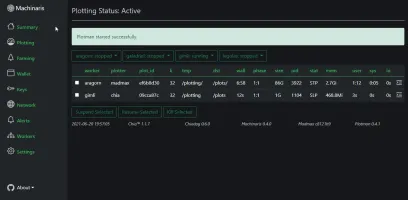 Plotting view with Plotman managing MadMax, Gigahorse, and Bladebit plotters