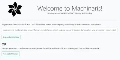Initial setup screen for importing or generating key mnemonic