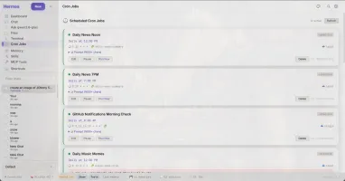 Scheduled cron jobs with edit, pause, and run-now controls