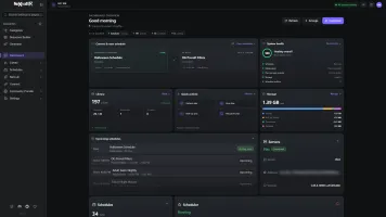 NeXroll dashboard showing current and next schedule, system health, library and storage