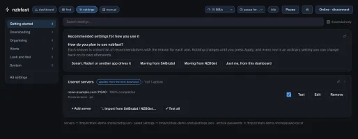 Settings page with server editor and live speed/scheduling controls