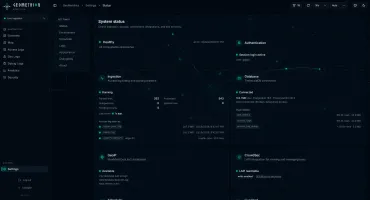 Settings Status page with ingestion, database, GeoIP and CrowdSec health