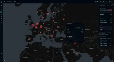 Map in Banned IPs view showing red markers for banned addresses