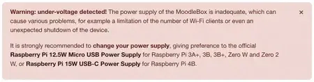 Undervoltage warning displayed on MoodleBox dashboard