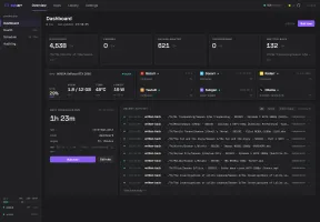 Dashboard showing live pipeline stages, GPU widget, integration health, next scheduled run, and recent activity