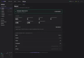 Settings integrations page with live health status per service