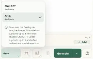 Grok selected in the generation provider menu