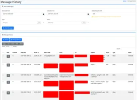 Message History search with date-range, type, and action filters