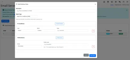 Add mailbox rule dialog with IF/THEN Sieve rule builder