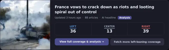 Bias tags showing left/center/right outlet counts with fetch-more button for underrepresented side