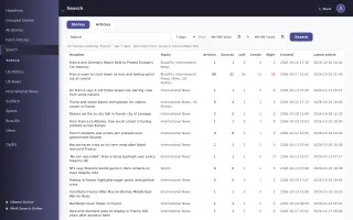 Search page with sortable stories and articles tables, time window filters, and bias counts